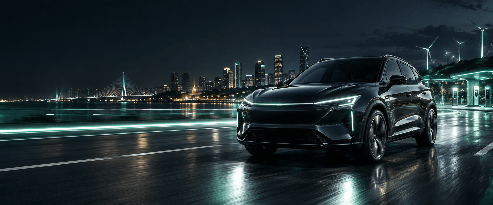 Premium electric vehicle on a clean-energy city roadway